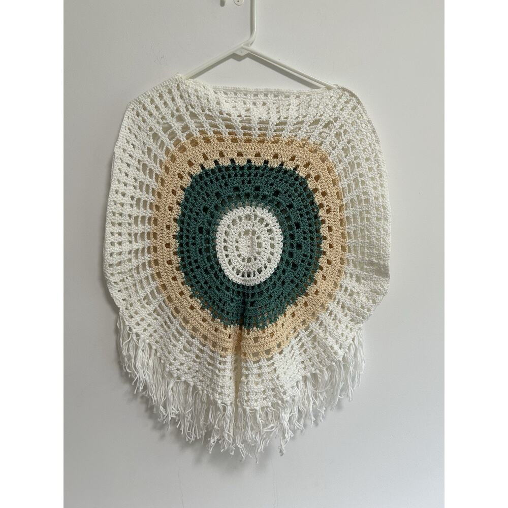 Crochet Poncho Fringe Boho Festival Handmade Womens Small 70's‎ Hippie Cape